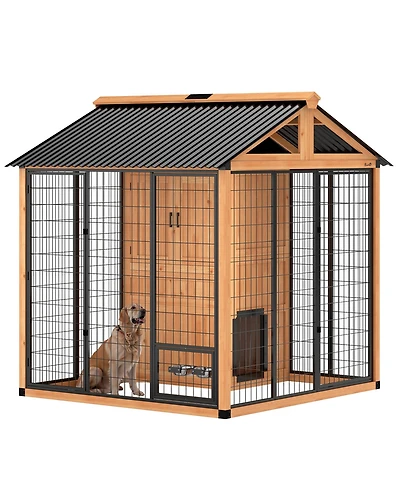 PawHut Extra Large Dog House with Storage Cabinet, Bowls, Light