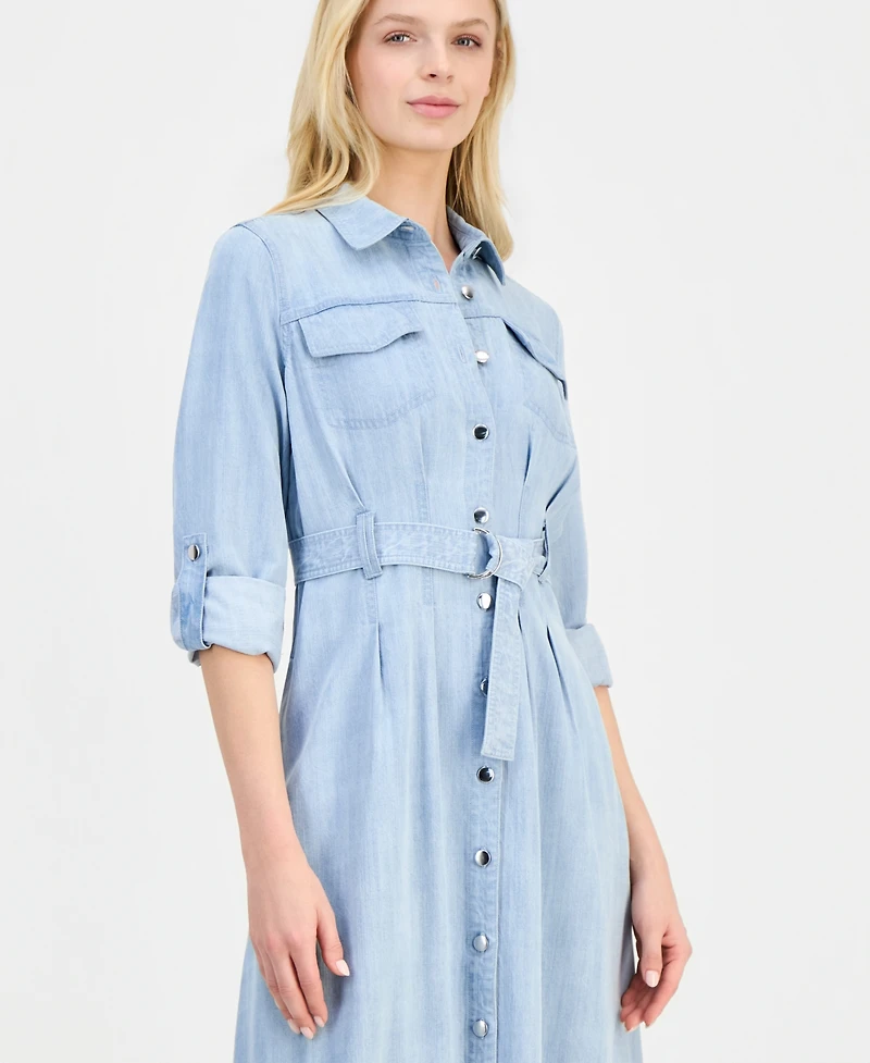 T Tahari Women's Roll-Sleeve Denim Midi Shirtdress