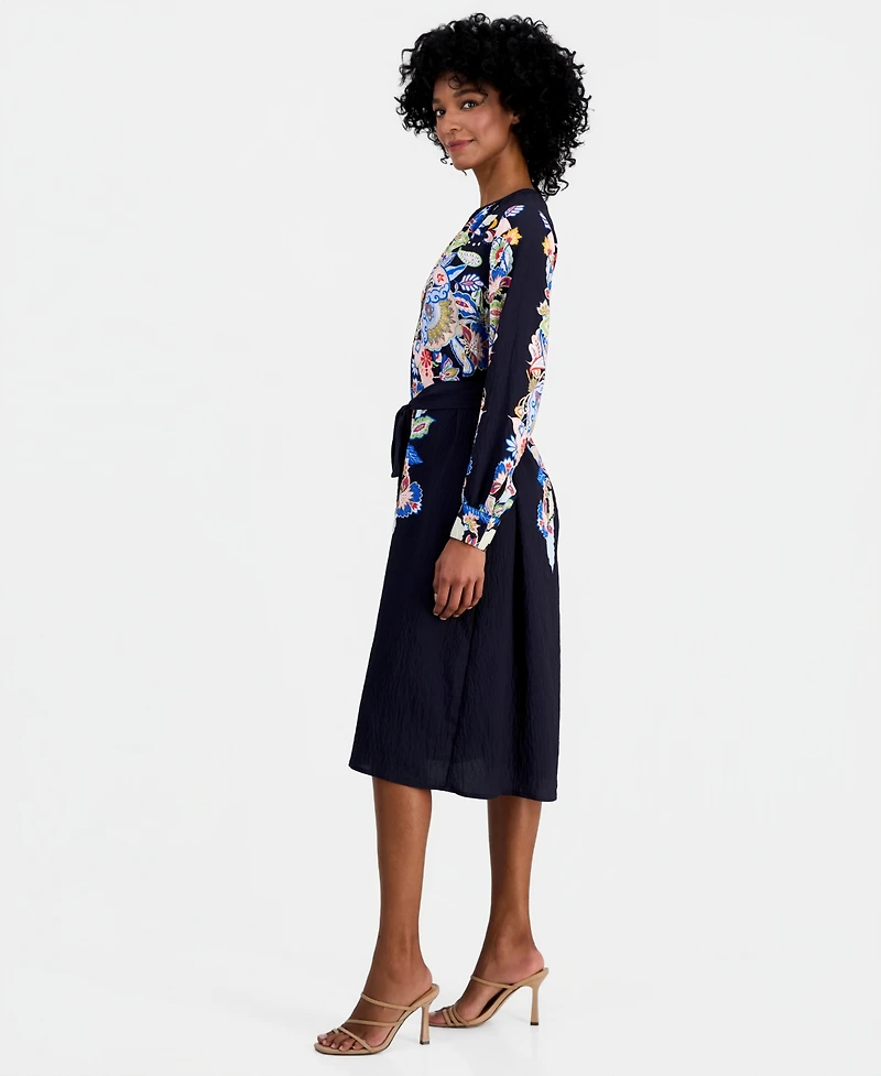 T Tahari Women's Spllit-Neck Belted A-Line Dress