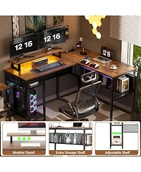 55.5'' Reversible L-shaped Desk with Power Outlets and Rgb Led Lights, Computer Table Cpu Stand Monitor