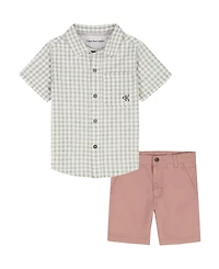 Calvin Klein Boys' Toddler 2T-4T Plaid Short-Sleeve Shirt and Twill Shorts, 2-Piece Set