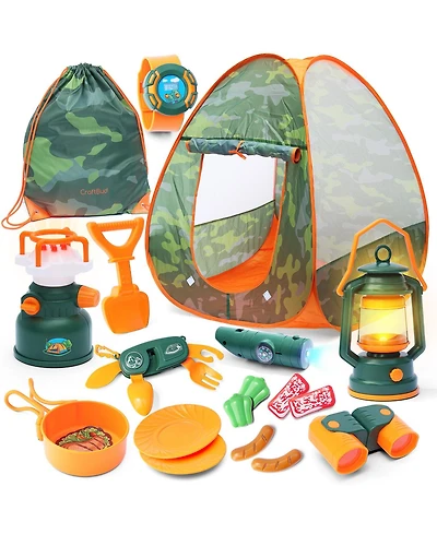 Clara Clark 17 Piece Kids Camping Play Set - with Pop Up Tent, Campfire and Camping Toys - for Indoor and Outdoor Pretend Play