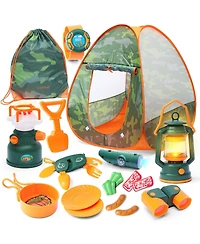 Clara Clark 17 Piece Kids Camping Play Set - with Pop Up Tent, Campfire and Camping Toys - for Indoor and Outdoor Pretend Play