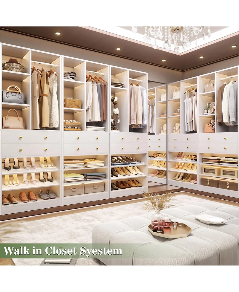 Aheaplus 28'' Freestanding Closet Storage System with 2 Drawers, Tower Hanging Rod, Shelves & Adjustable Shoe Racks