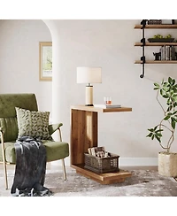 Tribesigns C-Shaped Side Table, 2-Tier Narrow End Table with Sturdy Pedestal, Wood Bedside Nightstand, Industrial Sofa Brown, 2PCS