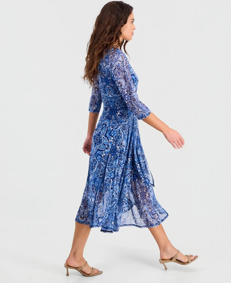 Robbie Bee Petite Tie-Front 3/4-Sleeve Mesh Midi Dress