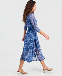 Robbie Bee Petite Tie-Front 3/4-Sleeve Mesh Midi Dress