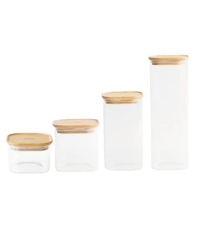 Pebbly Square Glass Canisters With Bamboo Lid Assorted, Set of 4