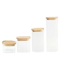 Pebbly Square Glass Canisters With Bamboo Lid Assorted, Set of 4