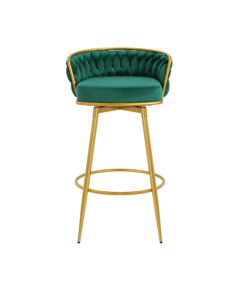 Streamdale Green Swivel Counter Height Bar Stools (Set of 2) with Hand-Woven Backrest & Gold Legs