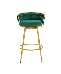 Streamdale Green Swivel Counter Height Bar Stools (Set of 2) with Hand-Woven Backrest & Gold Legs