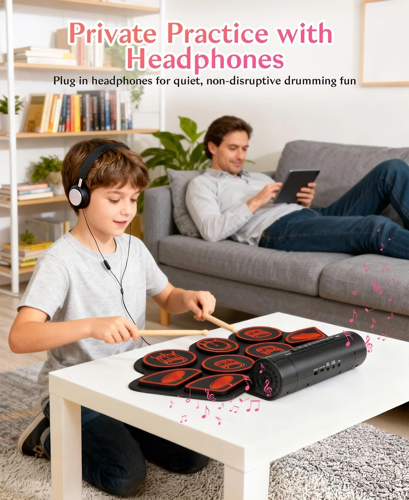 Sugift Kids Roll-Up Electronic Drum Set with Speakers, Headphone Jack & Foot Pedals