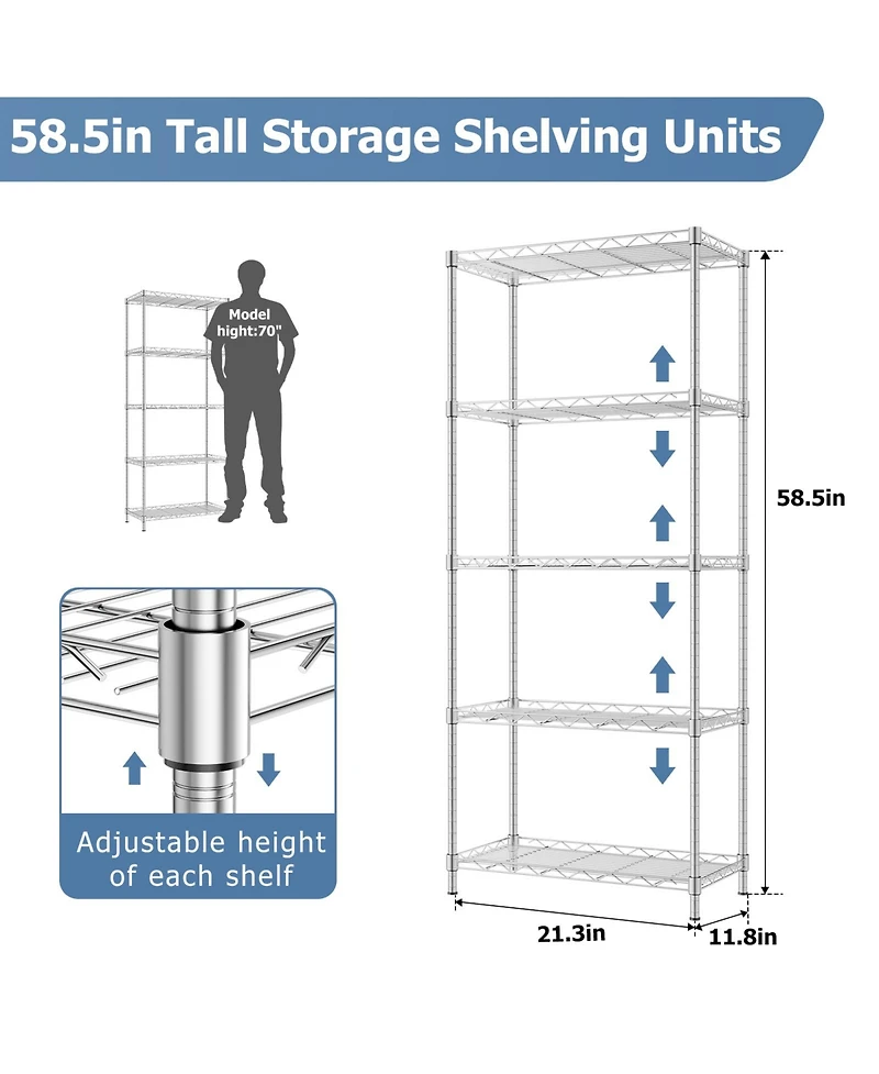 Lovmor 5-Tier 21 in W x 59 in H x 12 in D Height Adjustable Garage Wire Shelving Unit
