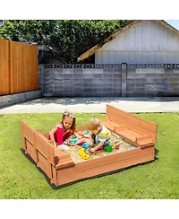 Sugift Wooden Sandbox with Foldable Bench Seats, Natural Wood