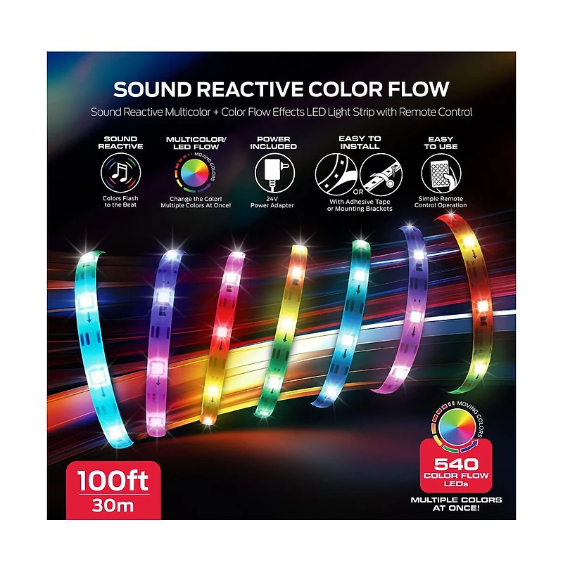 Monster Cable 100 Ft Ir Remote-Controlled Rgb+Ic Indoor Led Light Strip with Dynamic Color Flow Effects & Sound Reactive Modes