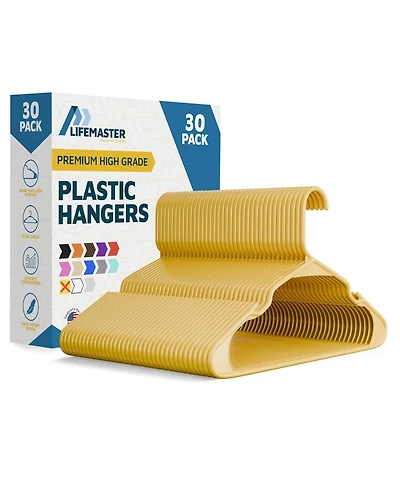 Lifemaster heavy-duty plastic hangers for clothes, dresses & coats non-slip grooves, space-saving design, holds 5 lbs 30-pack, yellow.