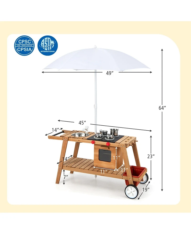 Sugift Wooden Play Cart with Sun Proof Umbrella for Toddlers Over 3 Years Old-Brown