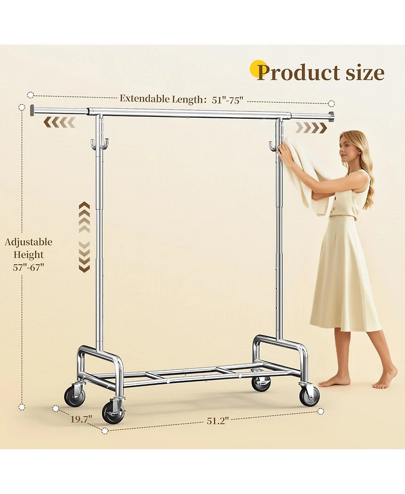 Raybee 75" W Heavy Duty Clothes Rack Load 450 Lbs, Metal Garment Storage with Shelf, Lockable Wheels & Anti-Slip Stoppers, Rolling Clothing Rack