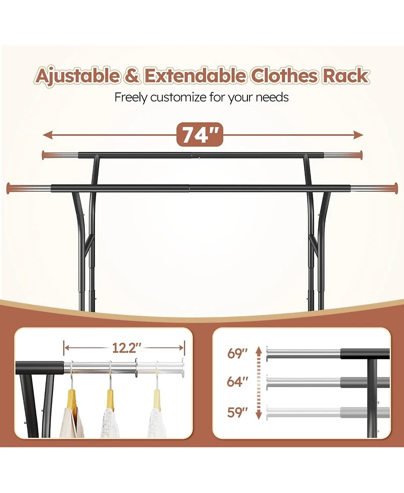 Raybee 74" W Heavy Duty Clothes Rack, Double Rods Clothing Rack Load 630 Lbs, Rolling Clothes Racks，Garment Rack with shelves