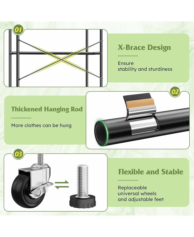 Raybee 80.32" H Clothes Rack,Rolling Clothing Racks for Hanging Clothes Heavy Duty Portable Garment Rack with Wheels
