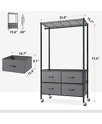 Raybee Rolling Clothes Rack for Hanging Clothes, Clothing Rack with 4 Fabric Drawers and Wheels