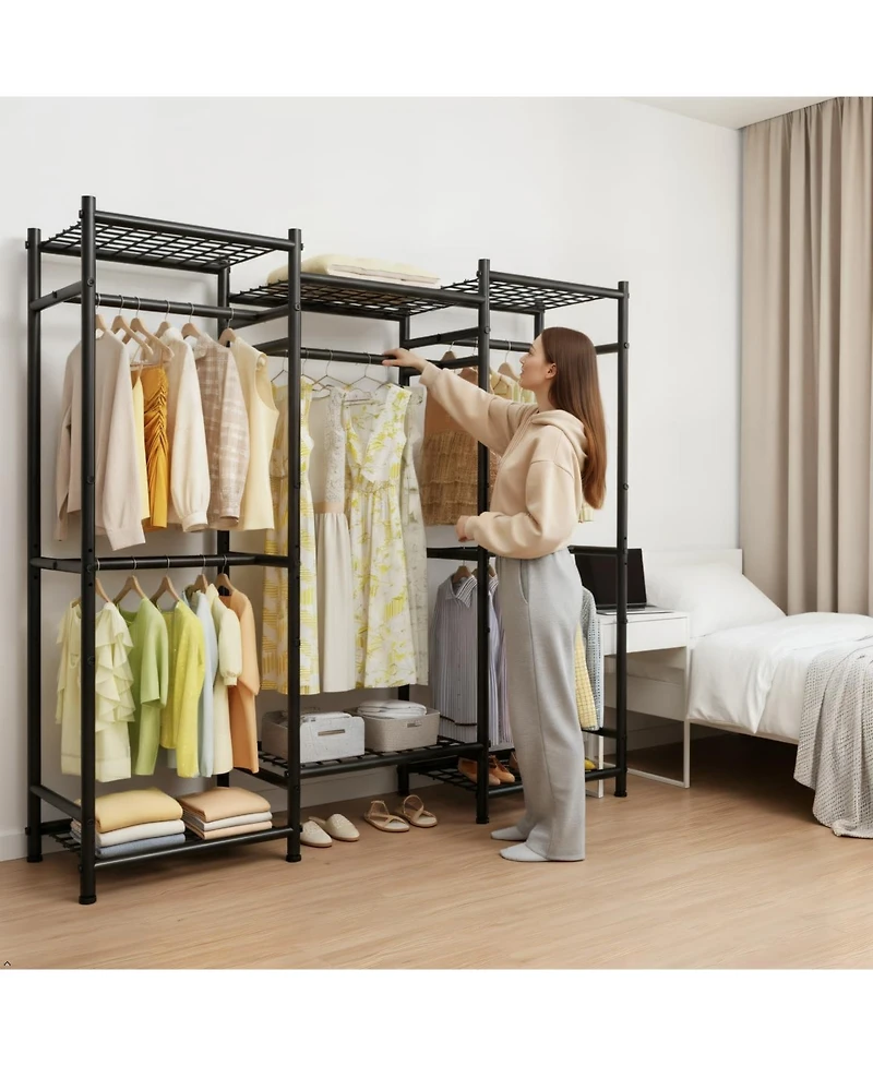 Raybee Portable Closet,Clothes Rack with Hang Rods & 6 Shelves,Clothing Racks for Hanging Clothes,Metal Garment Rack for Bedroom,Large Capacity