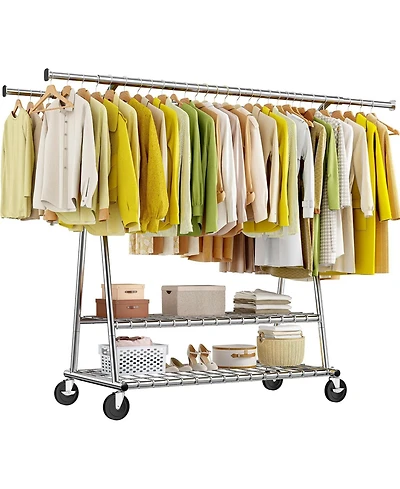 Raybee 78" W Heavy Duty Clothes Rack Loads 630 Lbs, Double Rods Clothing Racks for Hanging 450+ Clothes, Clothing Rack with Wheels