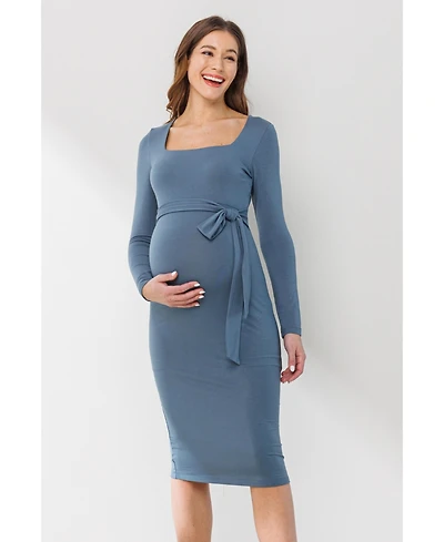 Hello Miz Maternity Tie Waist Square Neck Long Sleeve Dress