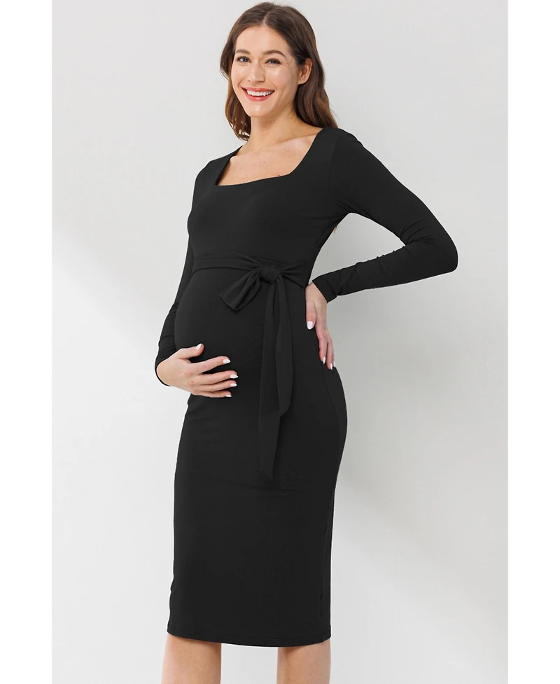 Hello Miz Maternity Tie Waist Square Neck Long Sleeve Dress
