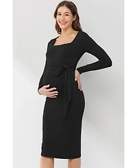 Hello Miz Maternity Tie Waist Square Neck Long Sleeve Dress