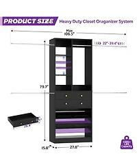 Aheaplus 2.4-8 Ft Wide Adjustable Closet Organizer, System with 2 Drawers, 5 Hanging Rods, Shoe Racks and Shelves
