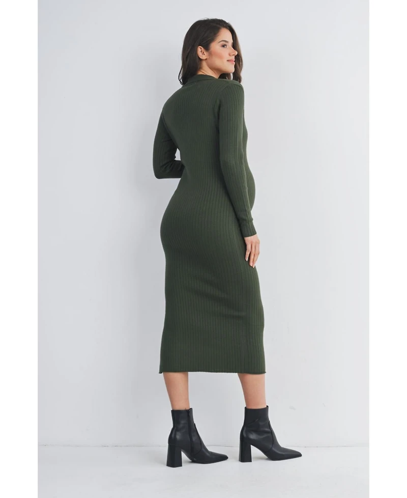 Hello Miz Maternity Long Sleeve Ribbed Collared V Neck Nursing Dress