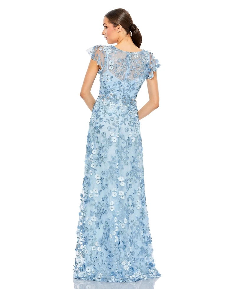 Mac Duggal Women's Embroidered Applique Wrap Over Flutter Sleeve Gown