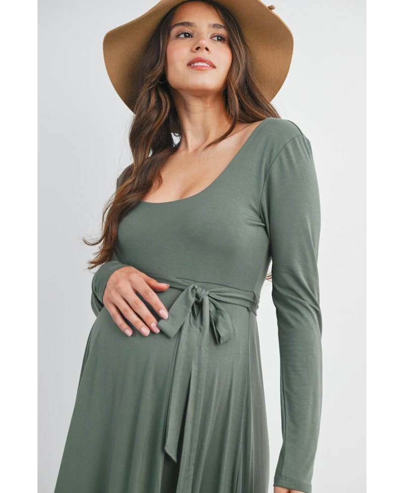 Hello Miz Maternity Scoop Neck Long Sleeve Tie Waist Dress