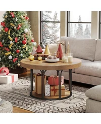 Tribesigns 35.5-Inch Rustic Wood 2-Tier Round Coffee Table with Open Storage