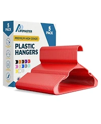 Lifemaster heavy-duty red hangers with non-slip grooves, space-saving design, holds 5 lbs. Pack of 5 for clothes & coats.