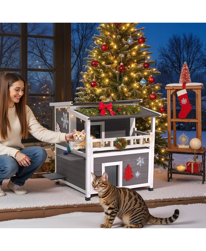 Cozito Insulated 2-Story Wooden Outdoor Cat House with Balcony, 33