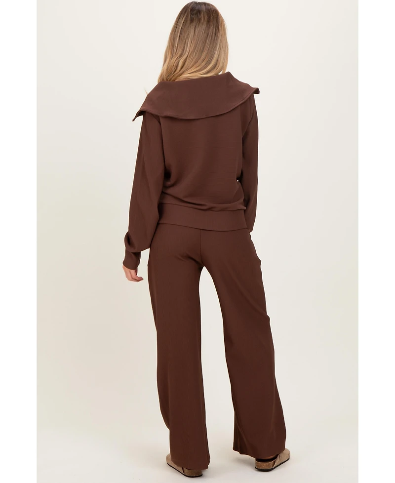 Pinkblush Maternity Brown Ribbed Half Zip Pullover Wide Leg Pant Set