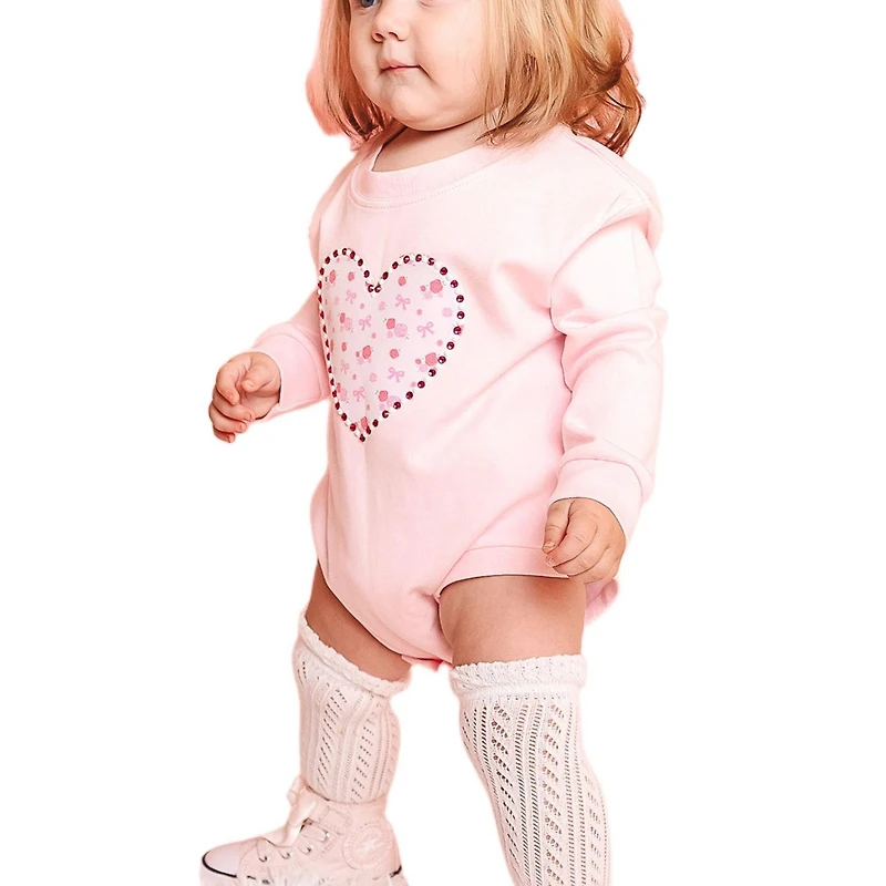 Sweet Wink Baby Girls Dainty Rose Pearl Heart Patch Long Sleeve Romper