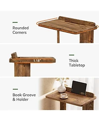 Tribesigns Solid Wood C-Shaped End Table, Farmhouse Wooden Side Table with Book Groove & Holder