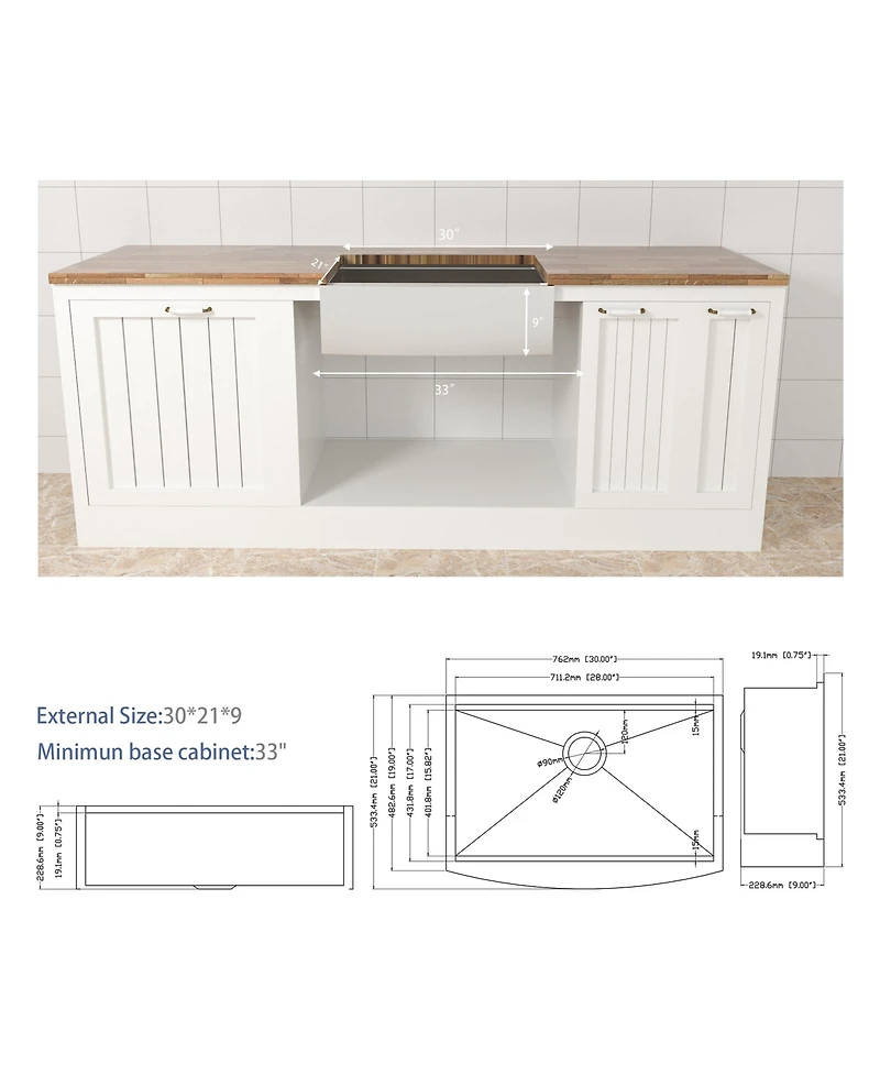 flynama 30x21x9inch Farmhouse Kitchen Sink Workstation Stainless Steel 16 Gauge Apron Front