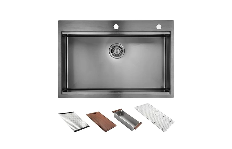 flynama 30inch Drop In Black Workstation Kitchen Sink 16 Gauge Stainless Steel with Full Accessories