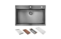flynama 30inch Drop In Black Workstation Kitchen Sink 16 Gauge Stainless Steel with Full Accessories