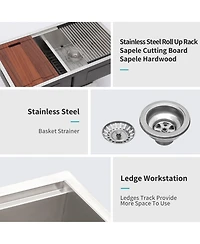 flynama 30x19x10inch 16 Gauge T304 Stainless Steel Undermount 5050 Double Bowl Brushed Nickel Workstation Kitchen Sink with Full Accessories