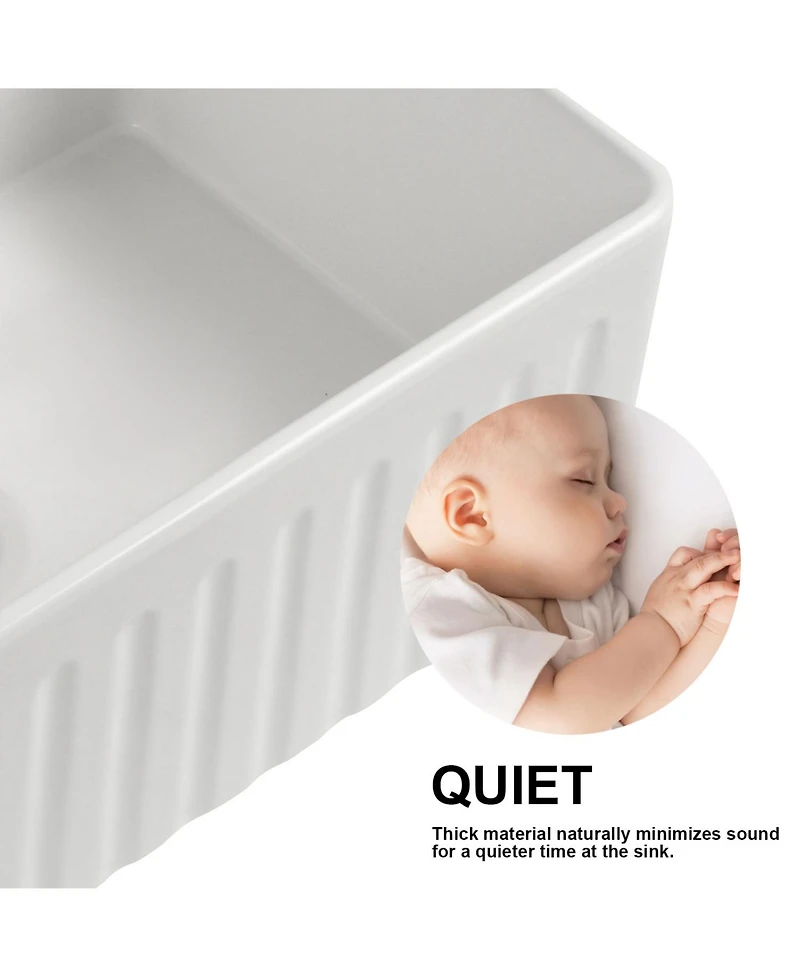 Flynama Fireclay Farmhouse Kitchen Sink, Double Basin, Apron Front, Reversible Design with Grid & Strainer, 33" x 20" x 10" Deep