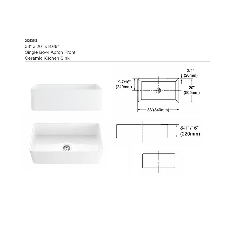 Flynama White Ceramic Farmhouse Kitchen Sink, Single Basin, Apron Front, Heat & Stain Resistant with Basket Strainer, 33" x 20" x 10"