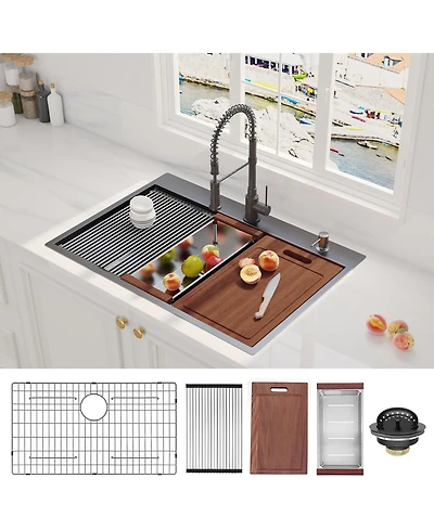 flynama 33x22inch Gunmetal Black Workstation Kitchen Sink Drop In Stainless Steel 16 Gauge