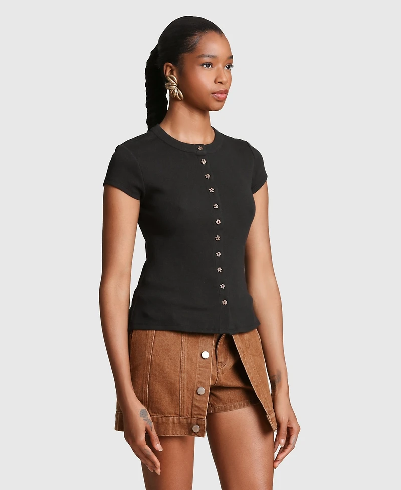 Avec Les Filles Women's Button-Front Crewneck Top