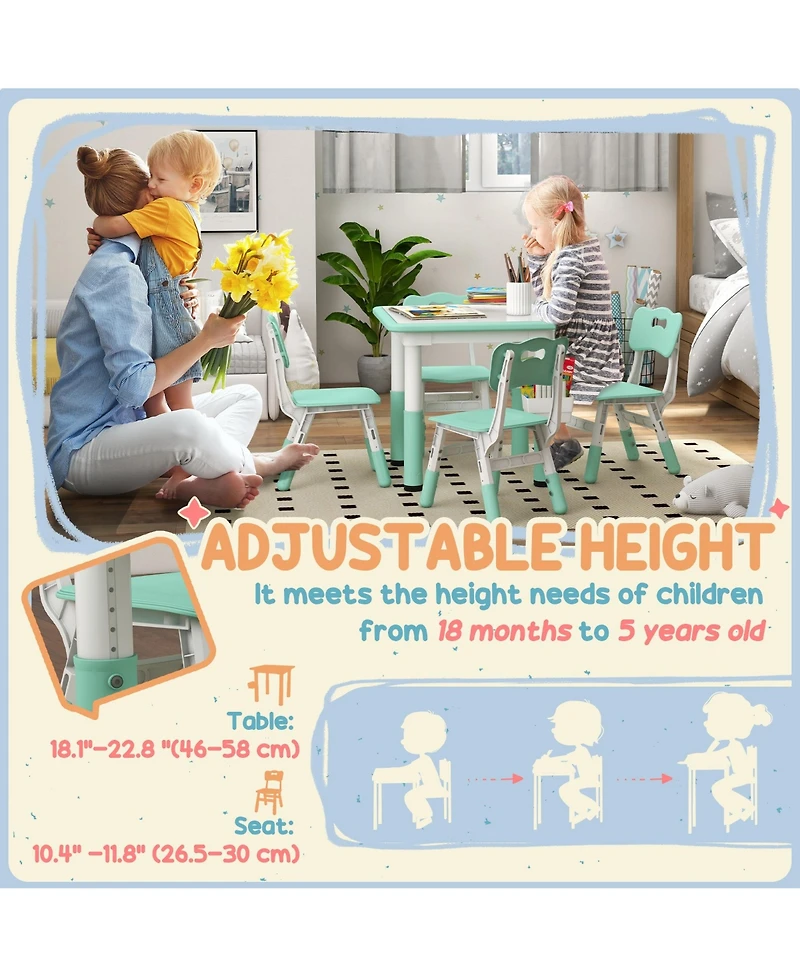 Jujabu Kids Table and Chair Set Height Adjustable 5 Piece Toddler Table Set with Storage Box Easy Clean Activity Table with 4 Chairs for 18M 5Y Green