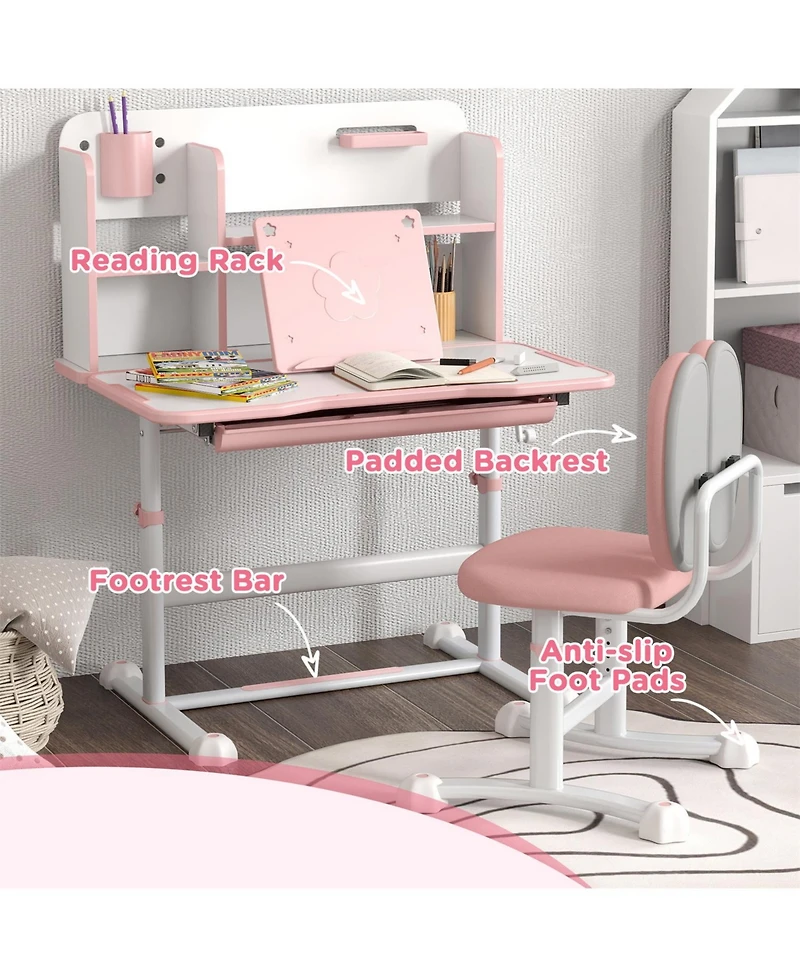 Jujabu Kids Desk and Chair Set Height Adjustable Study Desk with Tilt Desktop Storage Drawer Reading Rack for Writing Reading Drawing Pink